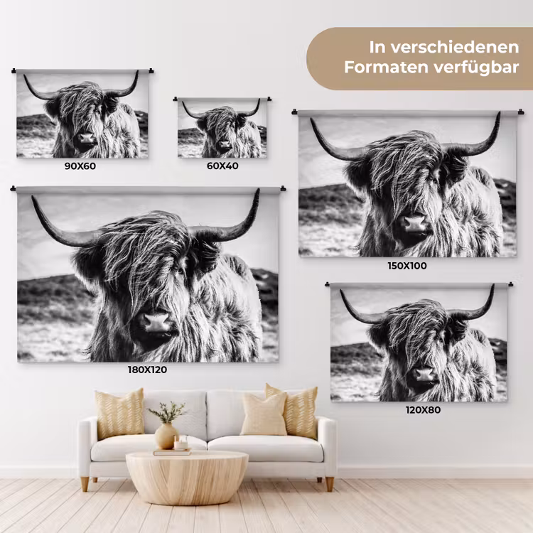 Schotse hooglander - Natuur - Koe - Zwart - Wit Wandkleed katoen klein -tsfeer8_DE