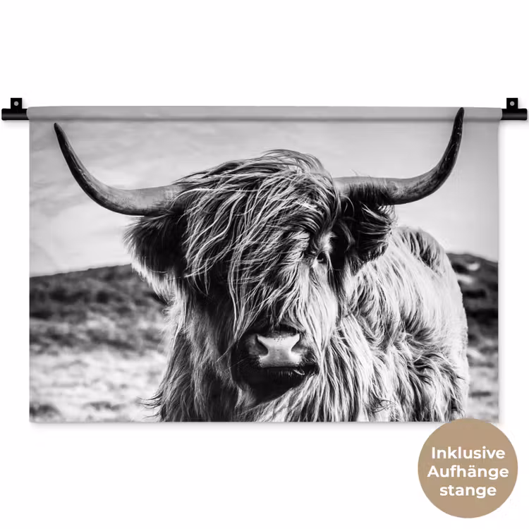 Schotse hooglander - Natuur - Koe - Zwart - Wit Wandkleed katoen klein -t3d_DE