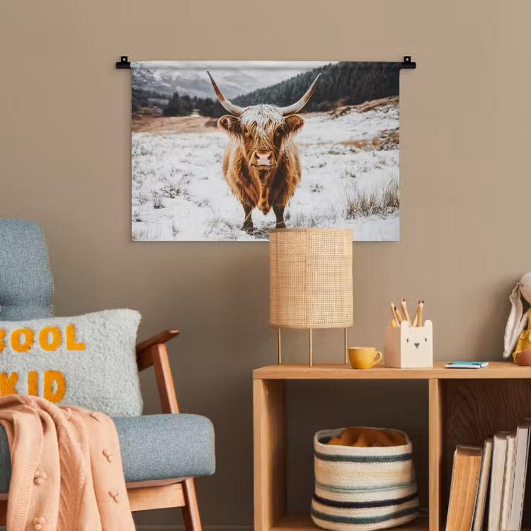 Schotse Hooglander - Sneeuw - Winter - Dieren Wandkleed katoen klein -wsfeer4_kind