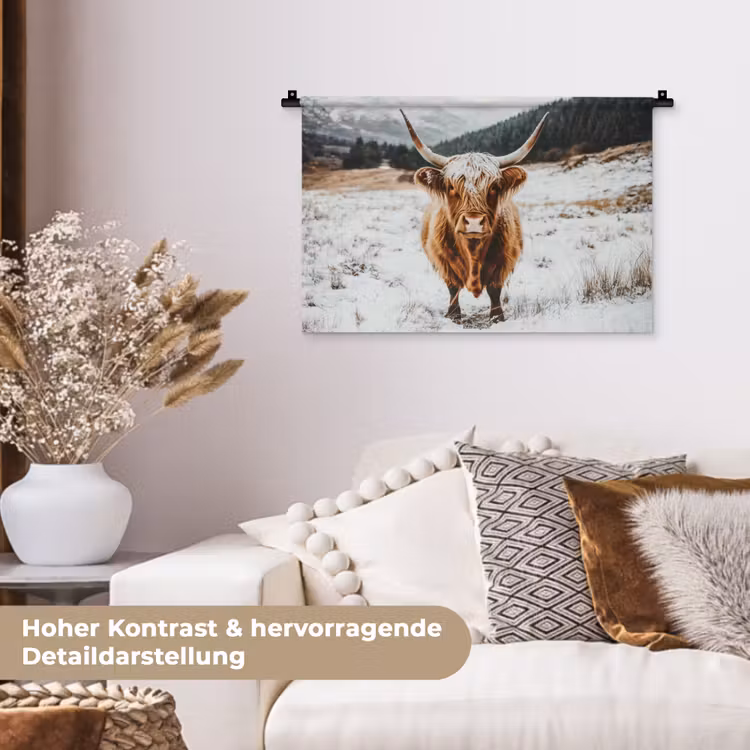 Schotse Hooglander - Sneeuw - Winter - Dieren Wandkleed katoen klein -tsfeer1_DE