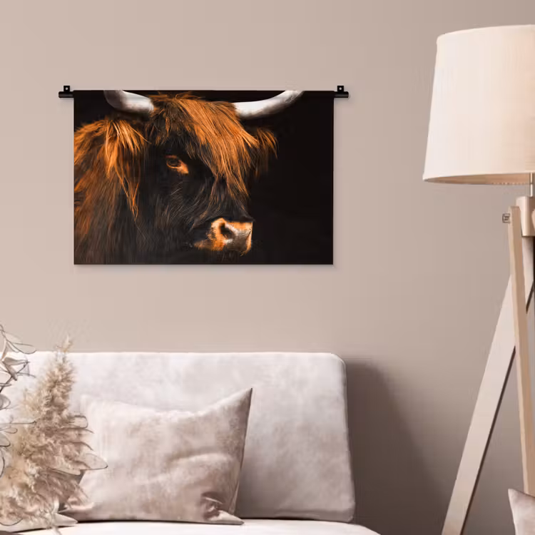 Schotse hooglander - Zwart - Koe - Hoorn - Dieren Wandkleed katoen klein -sfeer4
