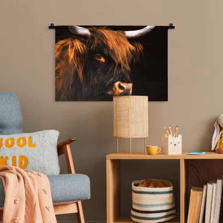 Schotse hooglander - Zwart - Koe - Hoorn - Dieren Wandkleed katoen klein -wsfeer4_kind