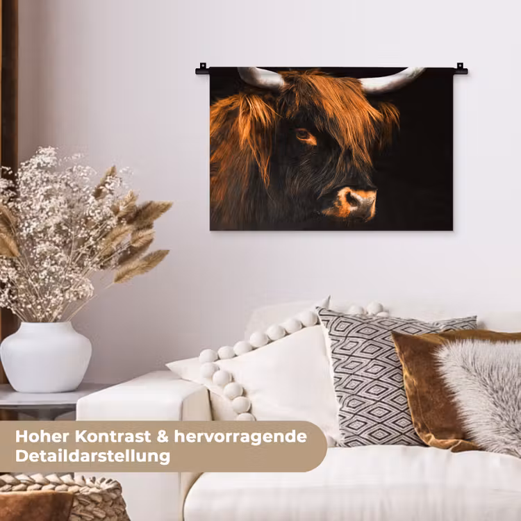 Schotse hooglander - Zwart - Koe - Hoorn - Dieren Wandkleed katoen klein -tsfeer1_DE