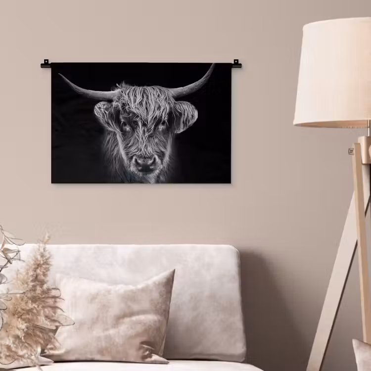 Schotse hooglander - Zwart - Koe - Dieren Wandkleed katoen klein -sfeer4