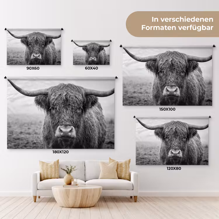 Schotse hooglander - Zwart - Wit - Gras Wandkleed katoen klein -tsfeer8_DE