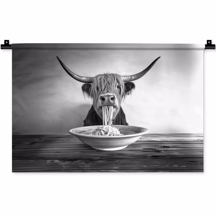 Schotse Hooglander - Spaghetti - Dieren - Zwart wit Wandkleed katoen klein -zz3d