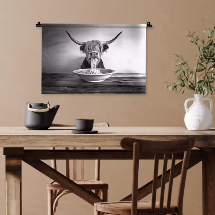 Schotse Hooglander - Spaghetti - Dieren - Zwart wit Wandkleed katoen klein -sfeer6