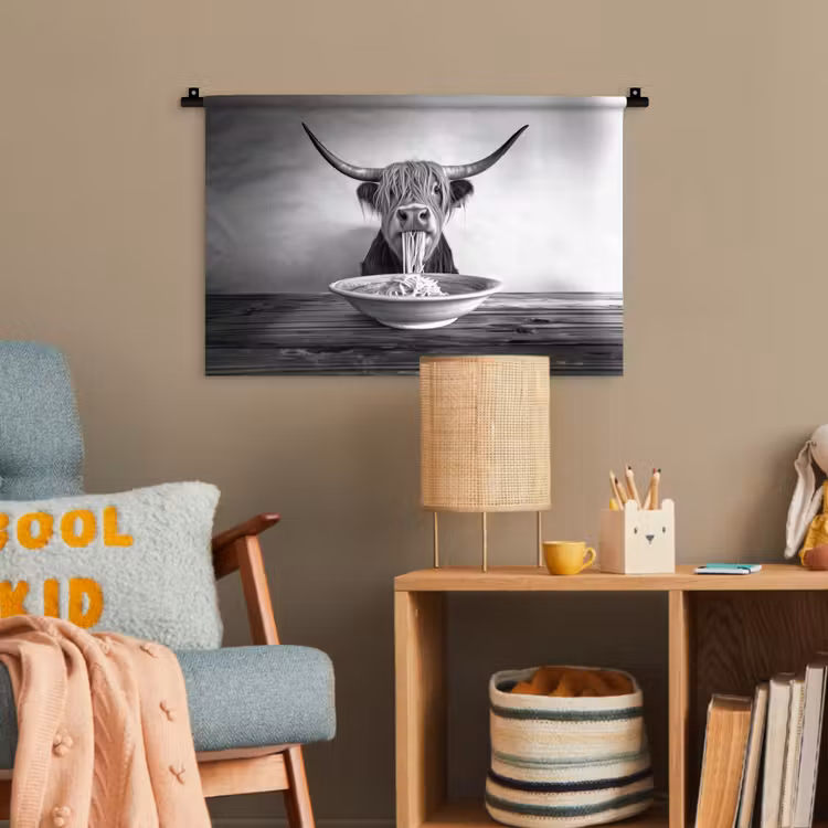 Schotse Hooglander - Spaghetti - Dieren - Zwart wit Wandkleed katoen klein -wsfeer4_kind