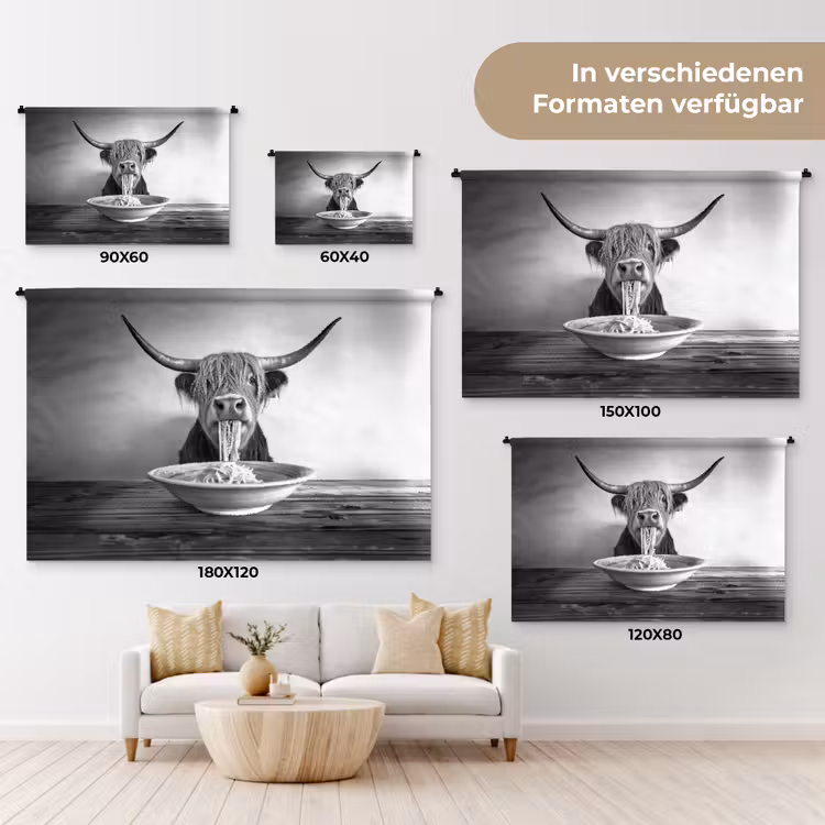 Schotse Hooglander - Spaghetti - Dieren - Zwart wit Wandkleed katoen klein -tsfeer8_DE