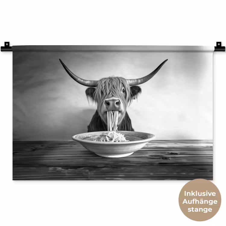 Schotse Hooglander - Spaghetti - Dieren - Zwart wit Wandkleed katoen klein -t3d_DE