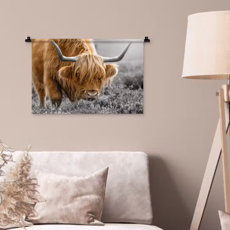 Schotse Hooglander - Dieren - Bruin - Koe - Zwart - Wit - Natuur Wandkleed katoen klein -sfeer4