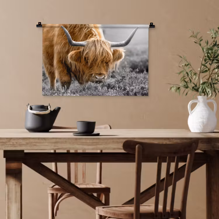 Schotse Hooglander - Dieren - Bruin - Koe - Zwart - Wit - Natuur Wandkleed katoen klein -sfeer6
