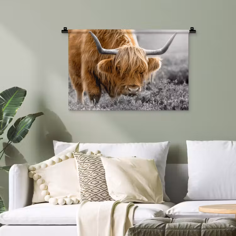 Schotse Hooglander - Dieren - Bruin - Koe - Zwart - Wit - Natuur Wandkleed katoen klein -sfeer7