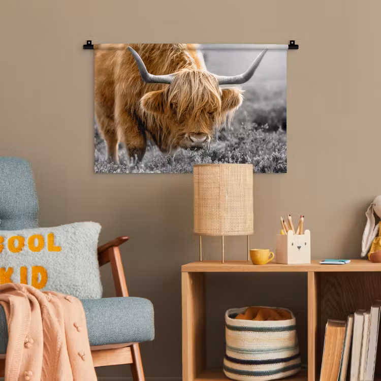 Schotse Hooglander - Dieren - Bruin - Koe - Zwart - Wit - Natuur Wandkleed katoen klein -wsfeer4_kind