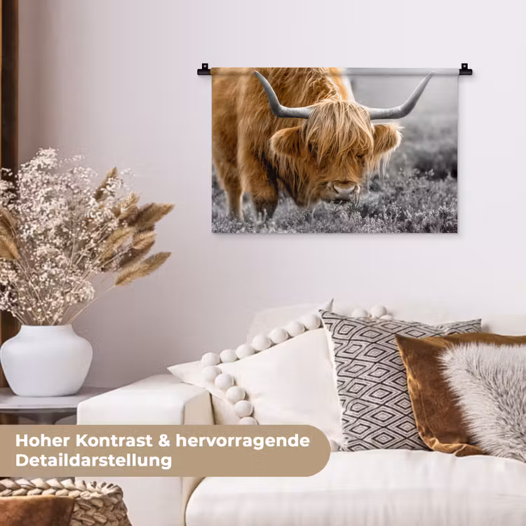 Schotse Hooglander - Dieren - Bruin - Koe - Zwart - Wit - Natuur Wandkleed katoen klein -tsfeer1_DE