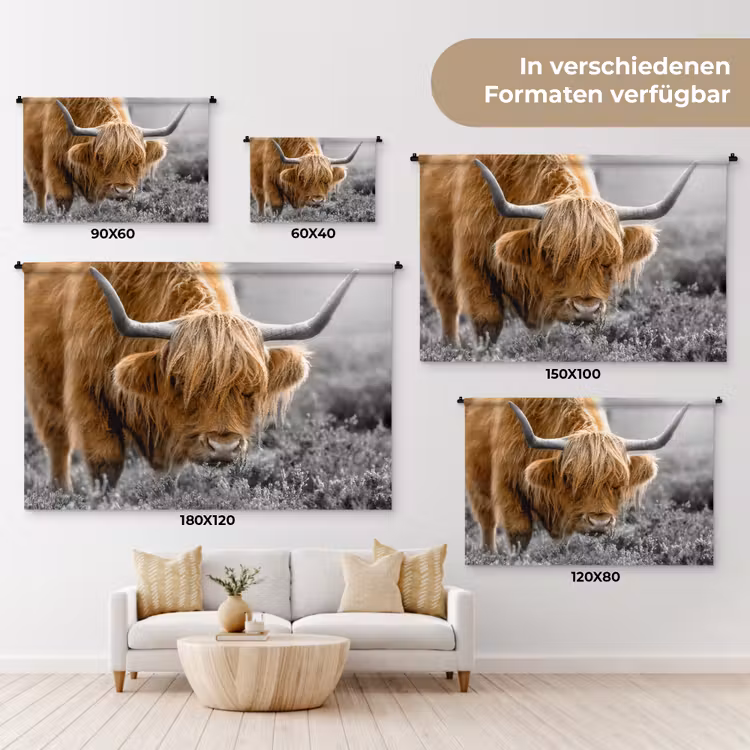 Schotse Hooglander - Dieren - Bruin - Koe - Zwart - Wit - Natuur Wandkleed katoen klein -tsfeer8_DE
