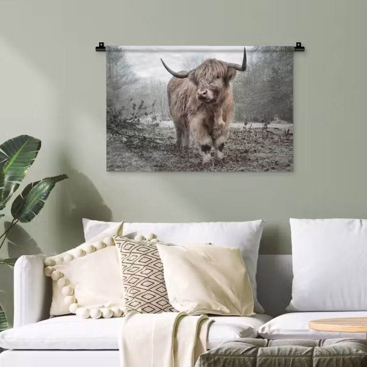 Schotse Hooglander - Bos - Mist - Koe - Dieren - Natuur Wandkleed katoen klein -sfeer7