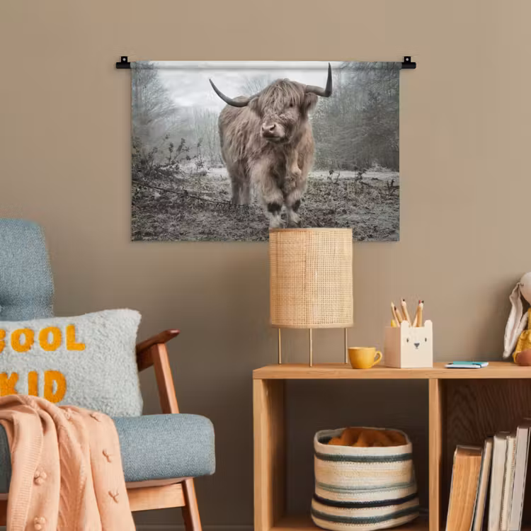 Schotse Hooglander - Bos - Mist - Koe - Dieren - Natuur Wandkleed katoen klein -wsfeer4_kind
