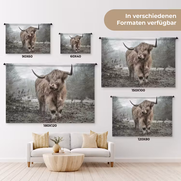 Schotse Hooglander - Bos - Mist - Koe - Dieren - Natuur Wandkleed katoen klein -tsfeer8_DE