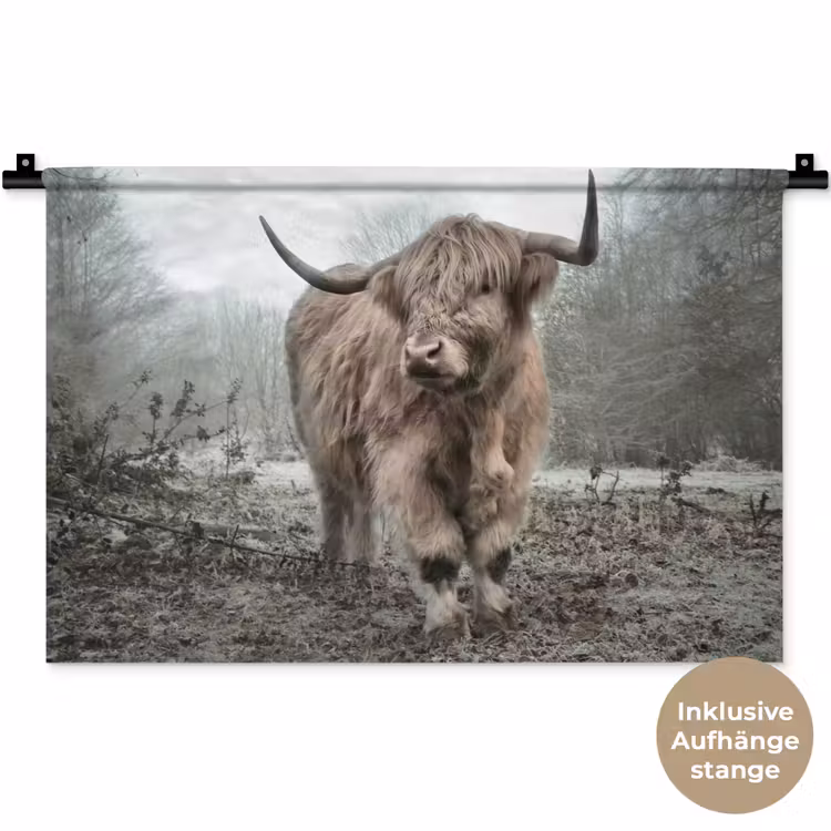 Schotse Hooglander - Bos - Mist - Koe - Dieren - Natuur Wandkleed katoen klein -t3d_DE