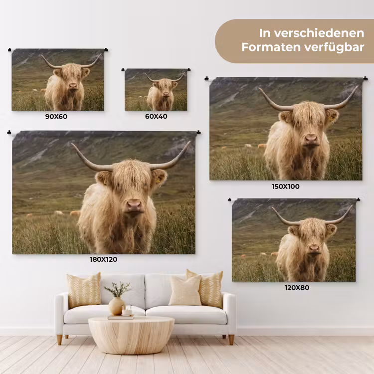 Schotse hooglander - Bergen - Grasveld Wandkleed katoen klein -tsfeer8_DE