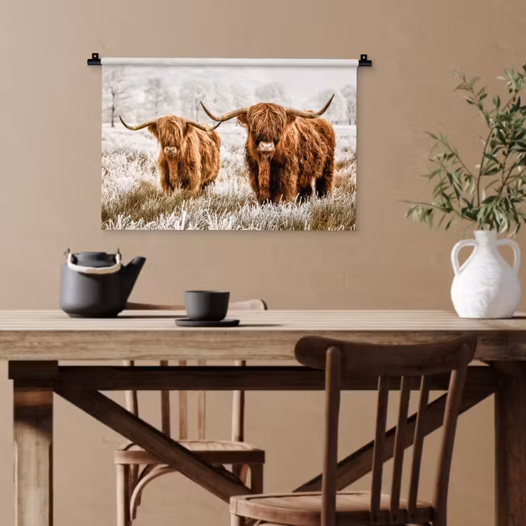 Schotse hooglander - Koe - Dieren - Natuur - Heide Wandkleed katoen klein -sfeer6