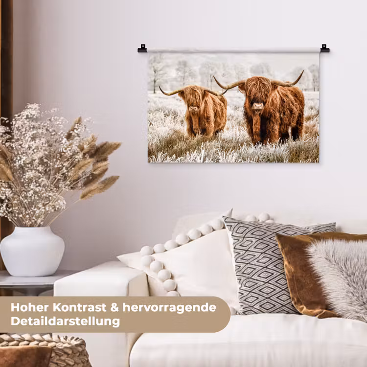 Schotse hooglander - Koe - Dieren - Natuur - Heide Wandkleed katoen klein -tsfeer1_DE
