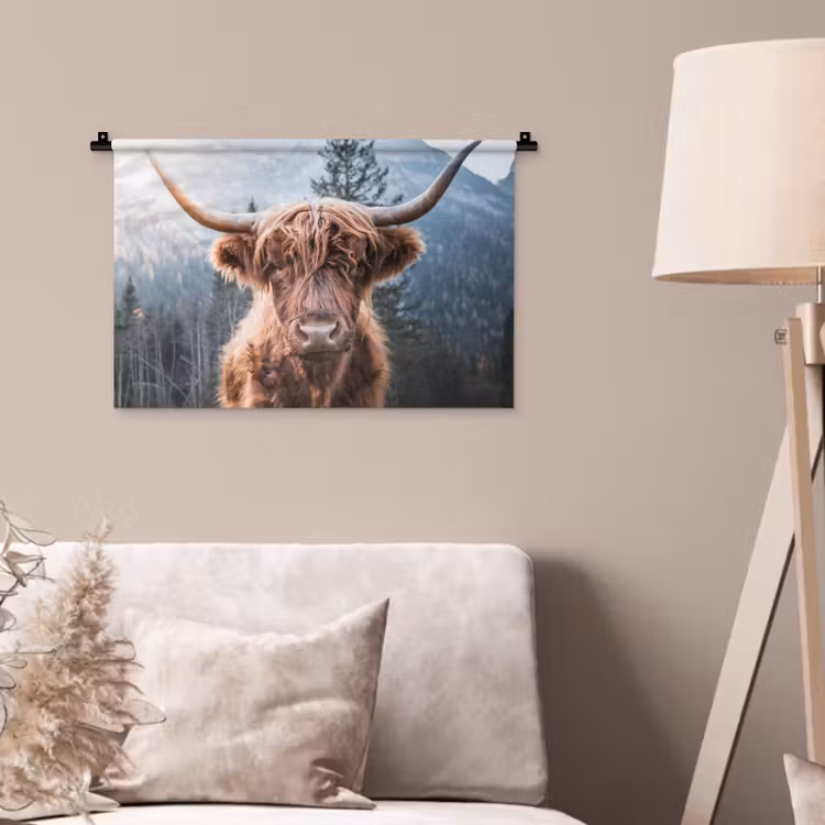 Schotse hooglander - Koe - Dieren - Berg - Natuur Wandkleed katoen klein -sfeer4