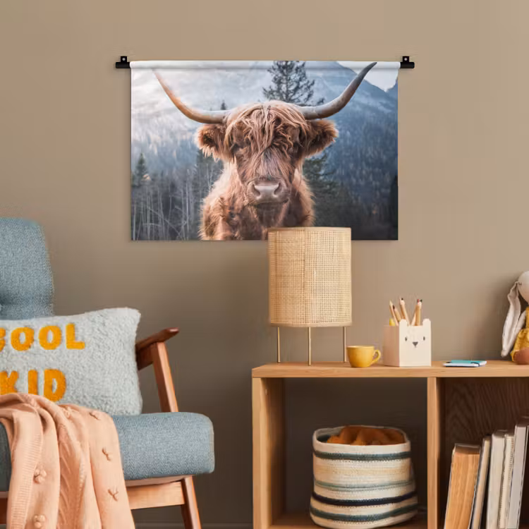 Schotse hooglander - Koe - Dieren - Berg - Natuur Wandkleed katoen klein -wsfeer4_kind