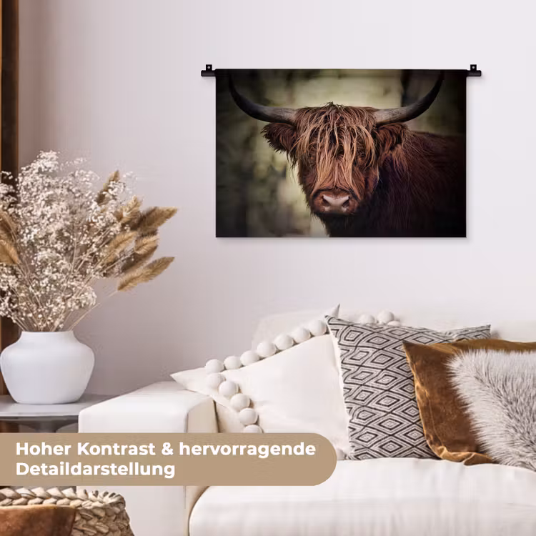 Schotse hooglander - Licht - Portret - Natuur Wandkleed katoen klein -tsfeer1_DE