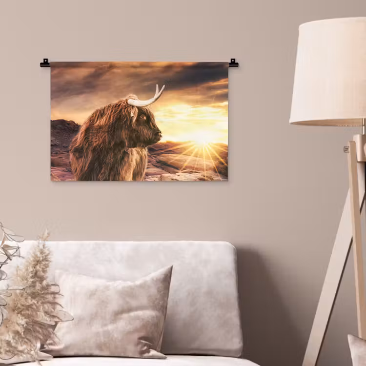 Schotse hooglander - Zon - Horizon - Koe - Dieren Wandkleed katoen klein -sfeer4