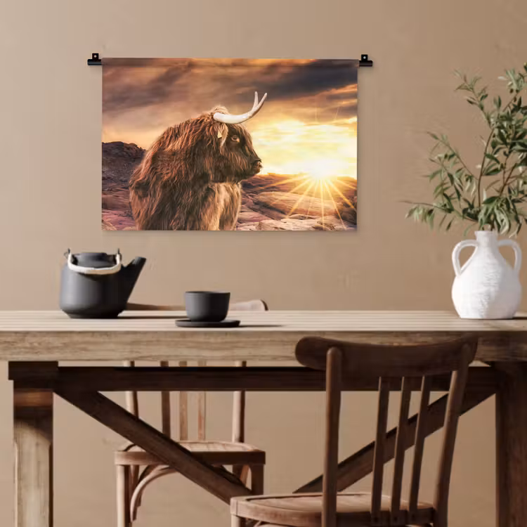 Schotse hooglander - Zon - Horizon - Koe - Dieren Wandkleed katoen klein -sfeer6