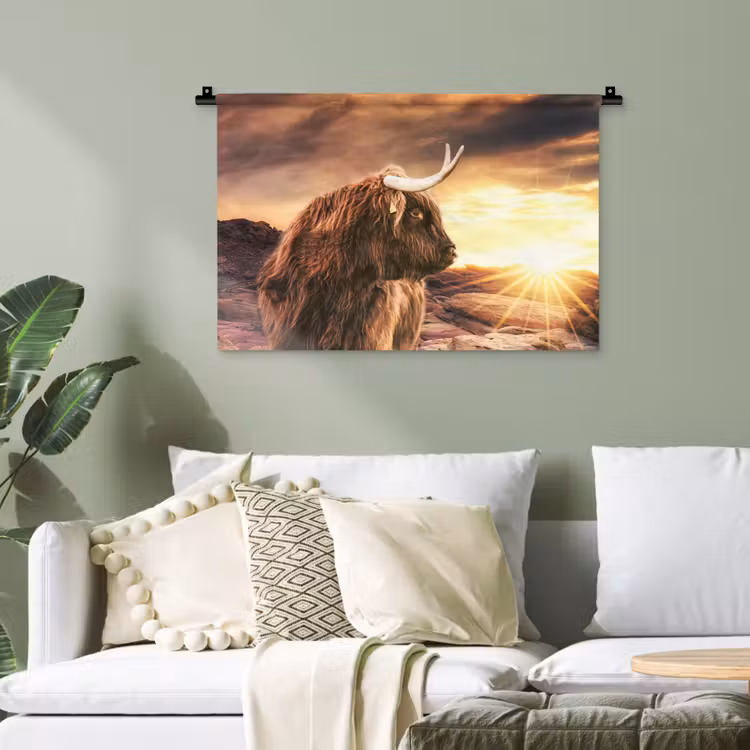 Schotse hooglander - Zon - Horizon - Koe - Dieren Wandkleed katoen klein -sfeer7
