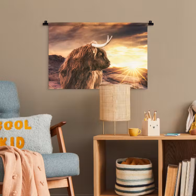 Schotse hooglander - Zon - Horizon - Koe - Dieren Wandkleed katoen klein -wsfeer4_kind