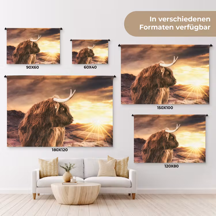 Schotse hooglander - Zon - Horizon - Koe - Dieren Wandkleed katoen klein -tsfeer8_DE