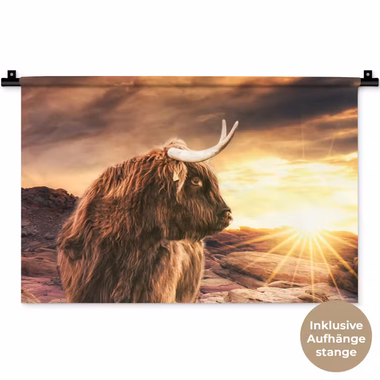 Schotse hooglander - Zon - Horizon - Koe - Dieren Wandkleed katoen klein -t3d_DE
