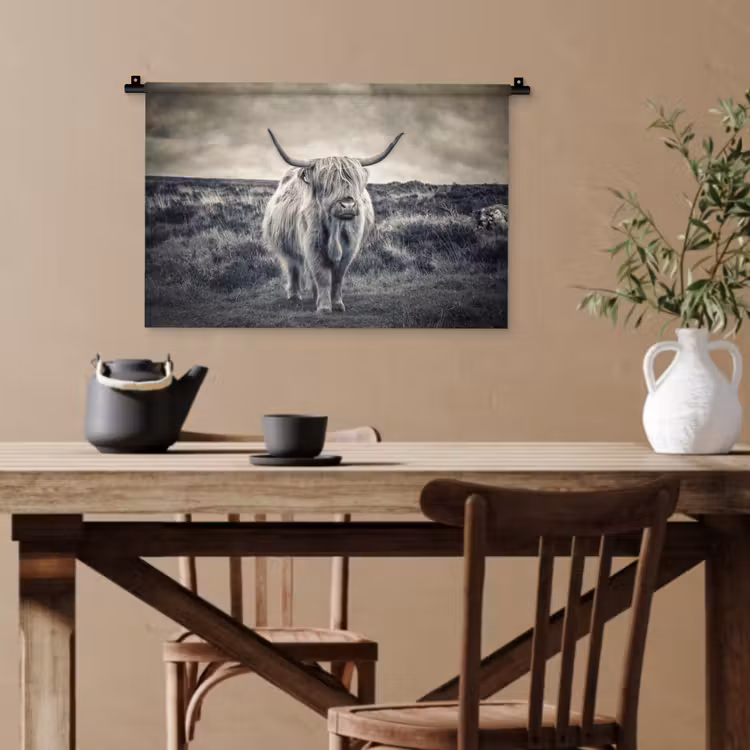 Schotse hooglander - Dieren - Wolken - Koe - Natuur Wandkleed katoen klein -sfeer6