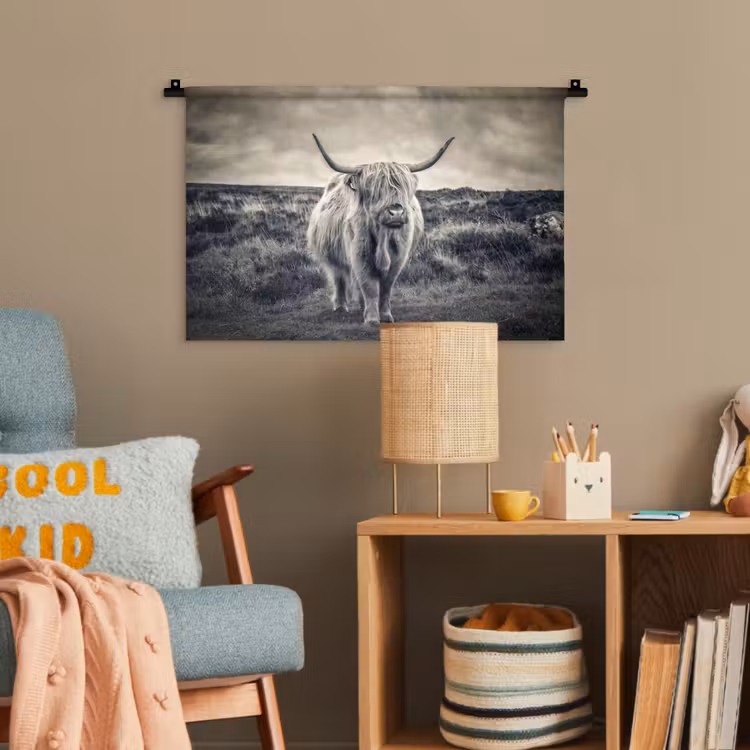 Schotse hooglander - Dieren - Wolken - Koe - Natuur Wandkleed katoen klein -wsfeer4_kind