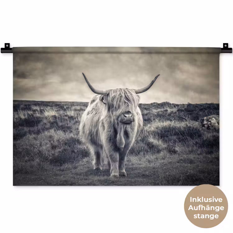Schotse hooglander - Dieren - Wolken - Koe - Natuur Wandkleed katoen klein -t3d_DE