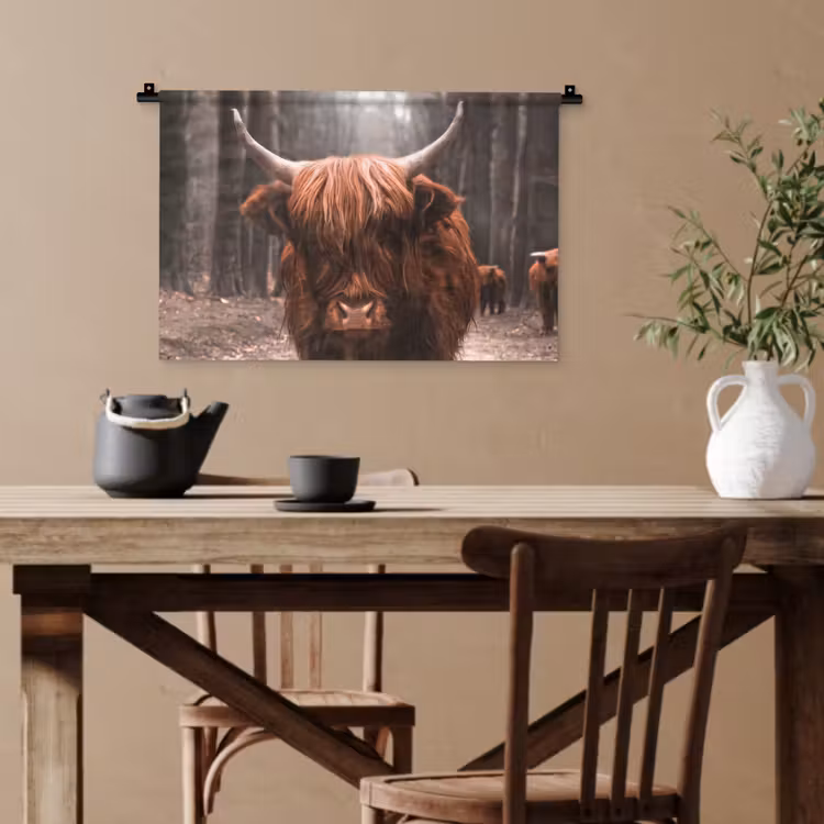 Schotse hooglander - Bos - Koe - Dieren - Natuur Wandkleed katoen klein -sfeer6