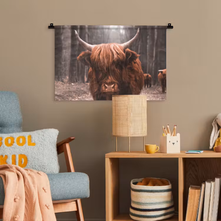 Schotse hooglander - Bos - Koe - Dieren - Natuur Wandkleed katoen klein -wsfeer4_kind