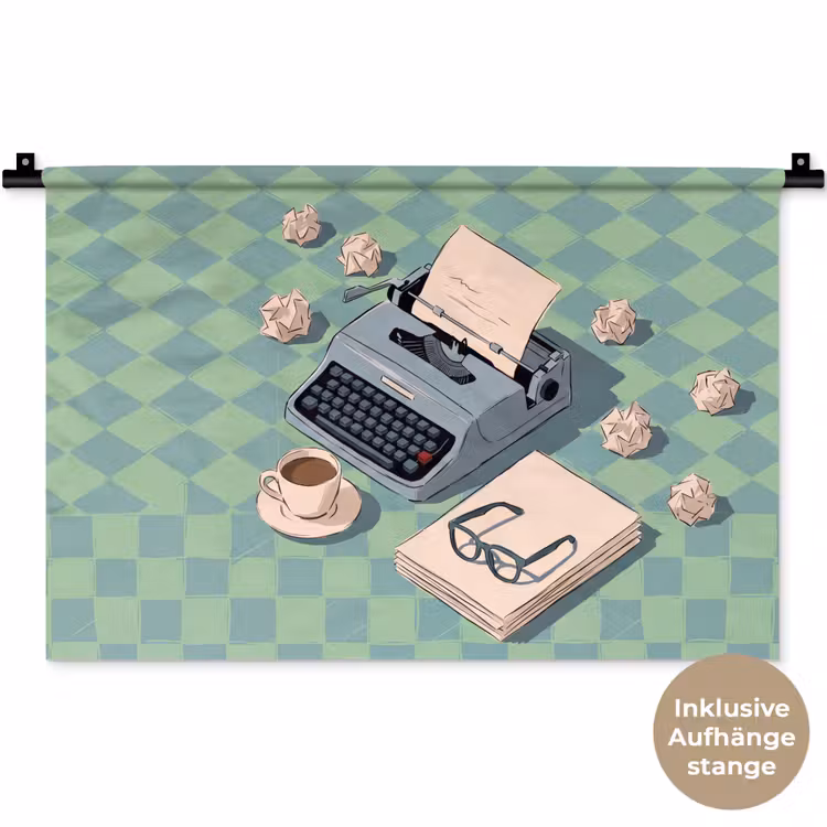 Typemachine - Kantoor - Vintage - Illustratie - Groen Wandkleed katoen klein -t3d_DE