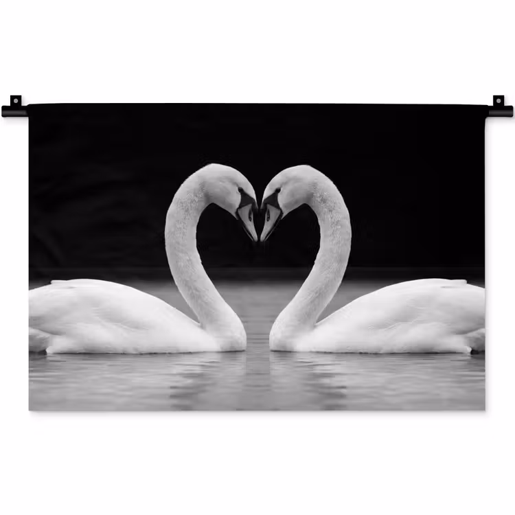 Zwanen - Hart - Zwart - Wit Wandkleed katoen klein -zz3d