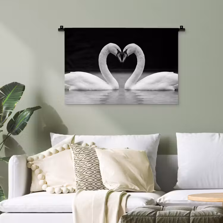 Zwanen - Hart - Zwart - Wit Wandkleed katoen klein -sfeer7