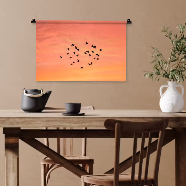Zwerm - Vogels - Oranje Wandkleed katoen klein -sfeer6