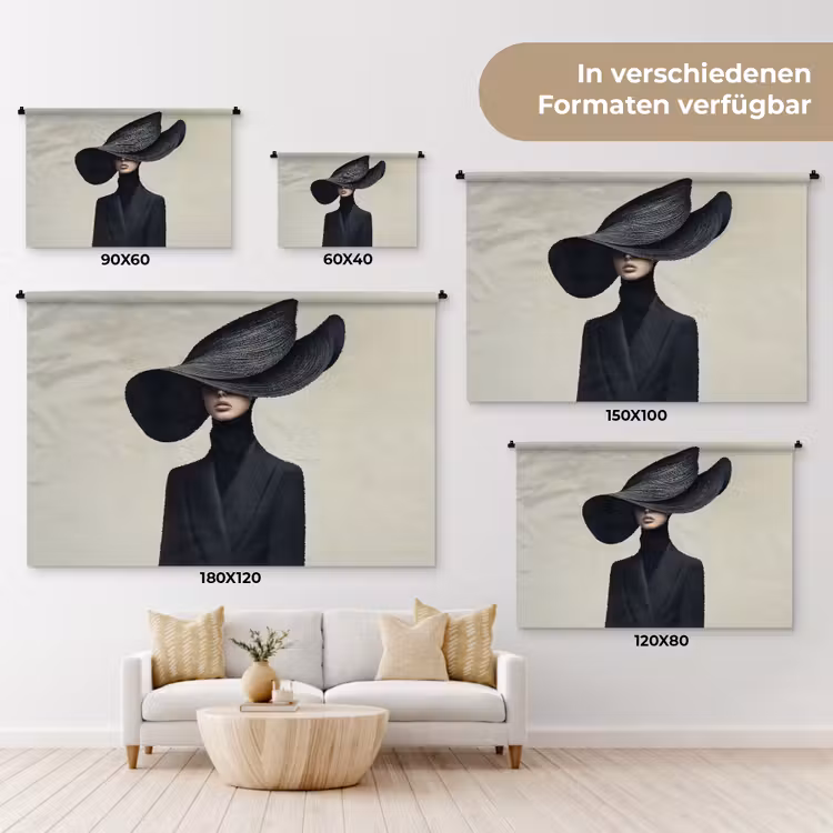 Zwart - Vrouw - Hoed Wandkleed katoen klein -tsfeer8_DE