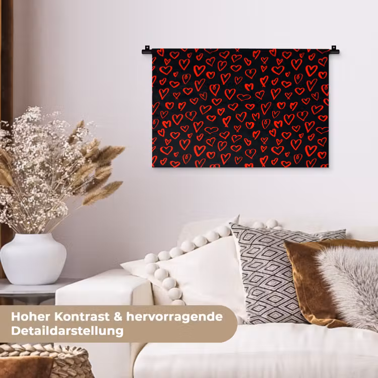 Zwart - Harten - Rood Wandkleed katoen klein 269 -tsfeer1_DE