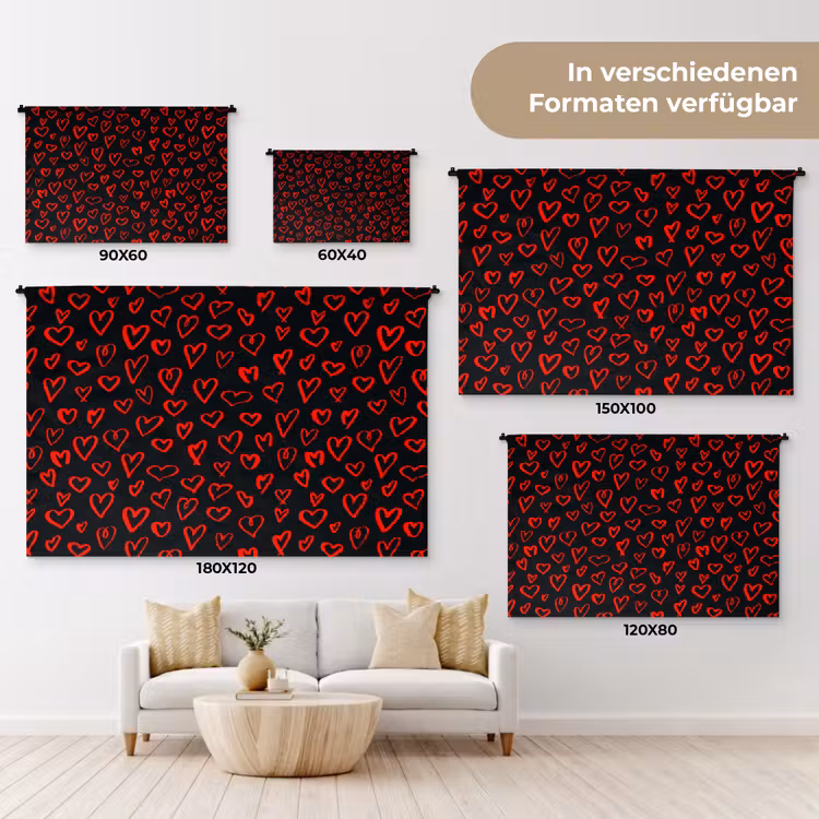 Zwart - Harten - Rood Wandkleed katoen klein 269 -tsfeer8_DE
