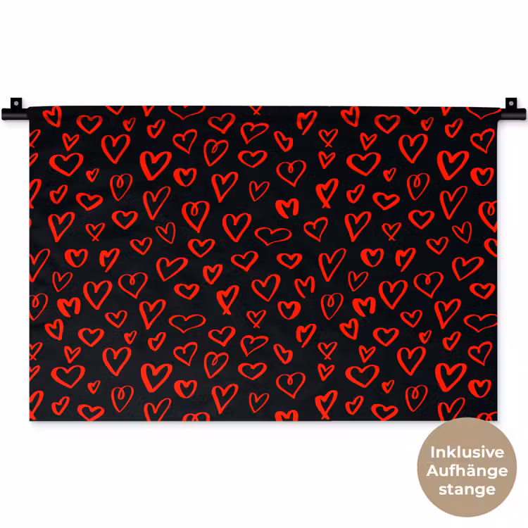 Zwart - Harten - Rood Wandkleed katoen klein 269 -t3d_DE