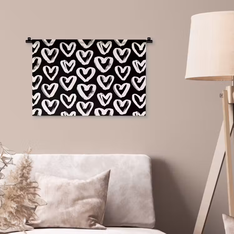 Zwart - Wit - Hartjes - Patroon Wandkleed katoen klein 269 -sfeer4